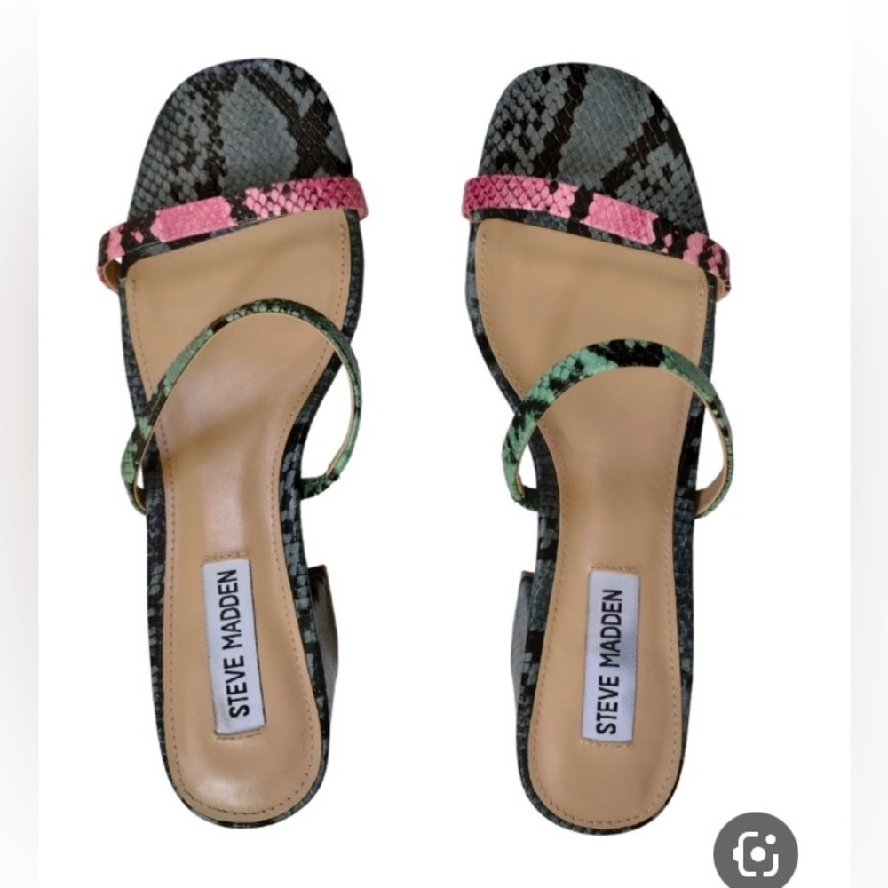 Steve Madden Issy slide on pink and green snake print block heels